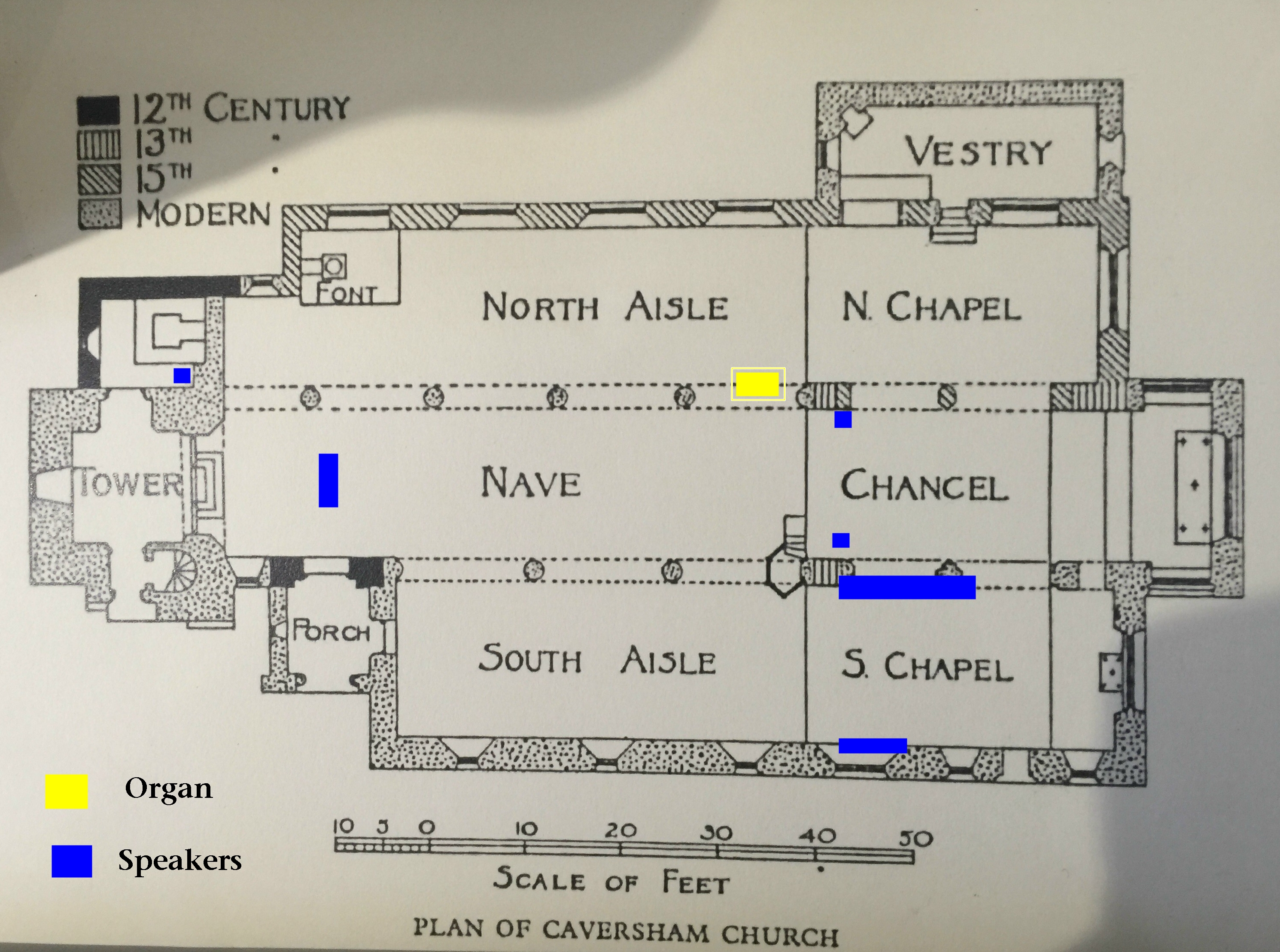 Church plan with speakers and organ