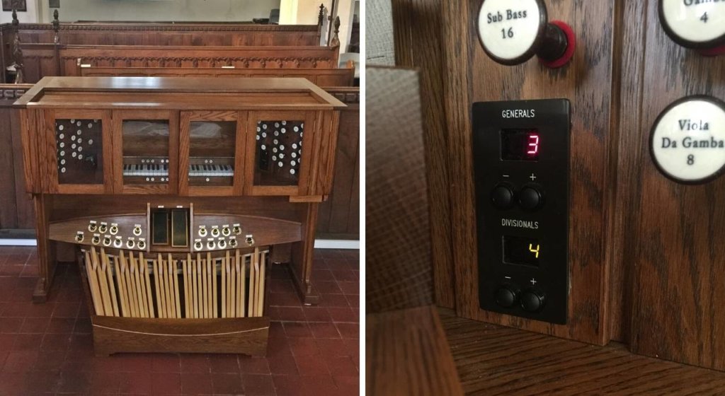 Regent Classic Organ console with doors closed and memory display